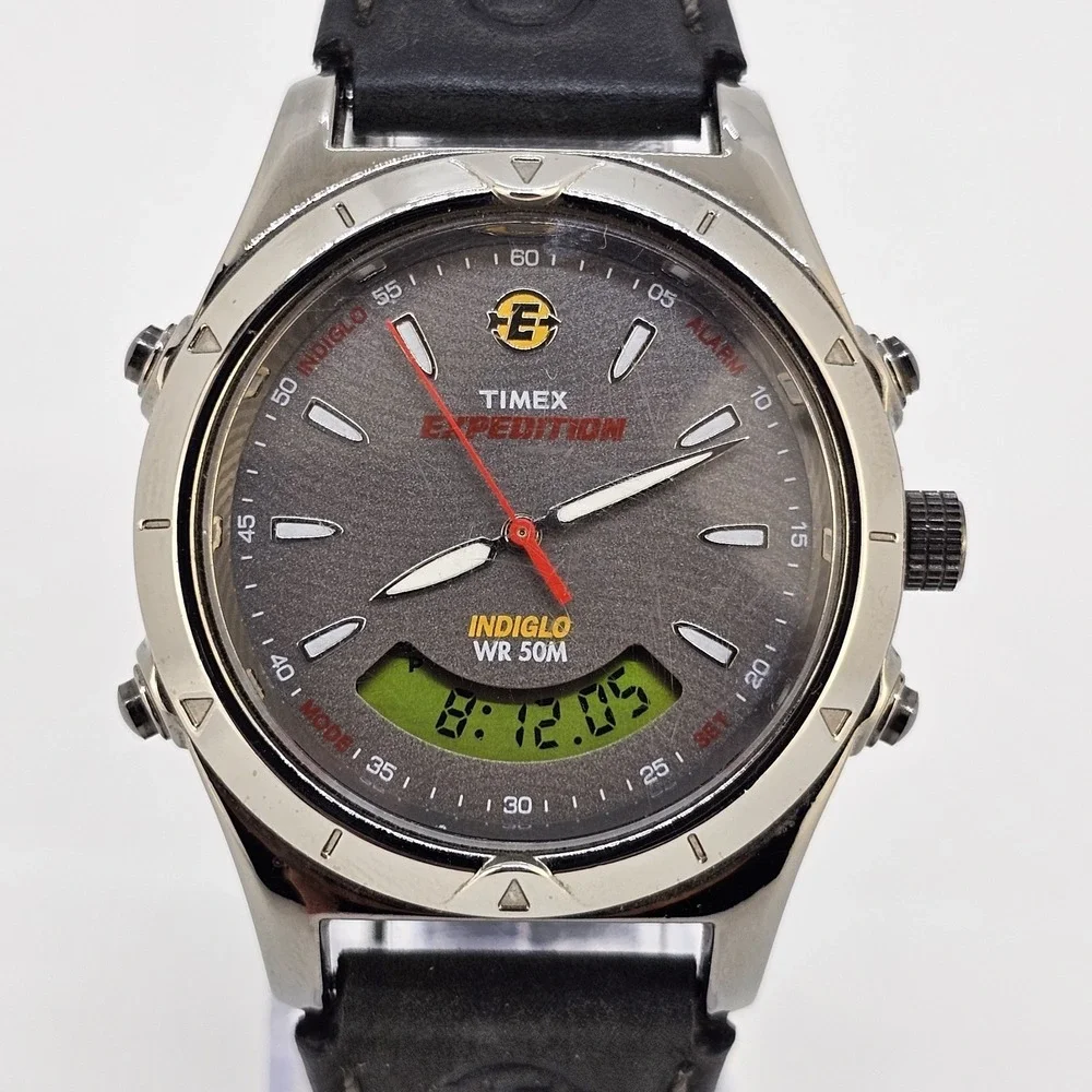 Timex Expedition Ana Dig Men Watch 38MM Dark Gray Dial Leather Bands New Battery